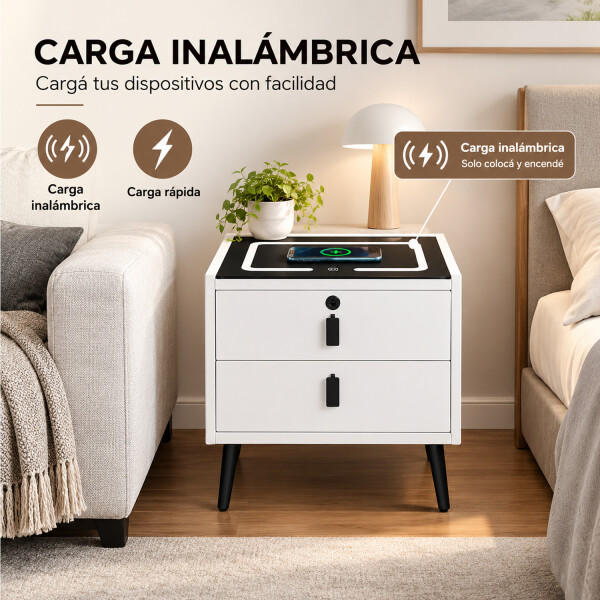Mesa De Luz Inteligente Con Led, Carga Inalámbrica Y Parlante Bluetooth Esh0053b MESA DE LUZ LED MOVI BLANCO ESH0053B