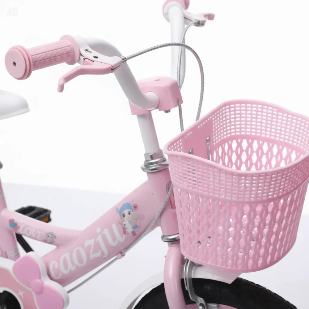 Bicicleta rodado 16 con rueditas, canasto y asiento trasero. Rosa