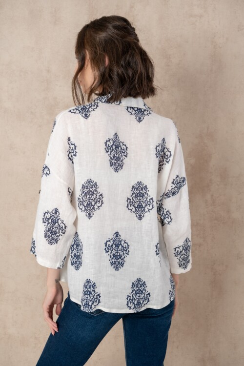 Camisa lino dama estampada Azul Marino