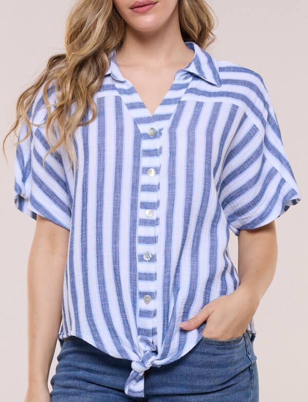 Camisa Con Nudo Frontal Y Manga Corta MULTI/AZUL