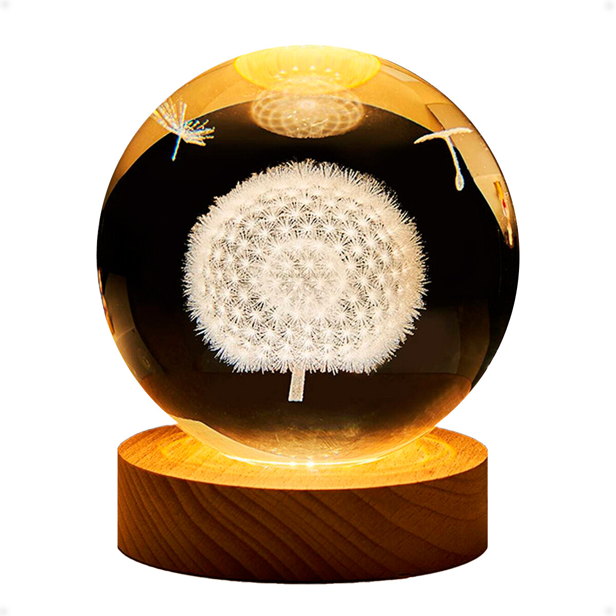 Lampara Veladora Bola de Cristal de 8 CM con Led y Base de Madera - León 