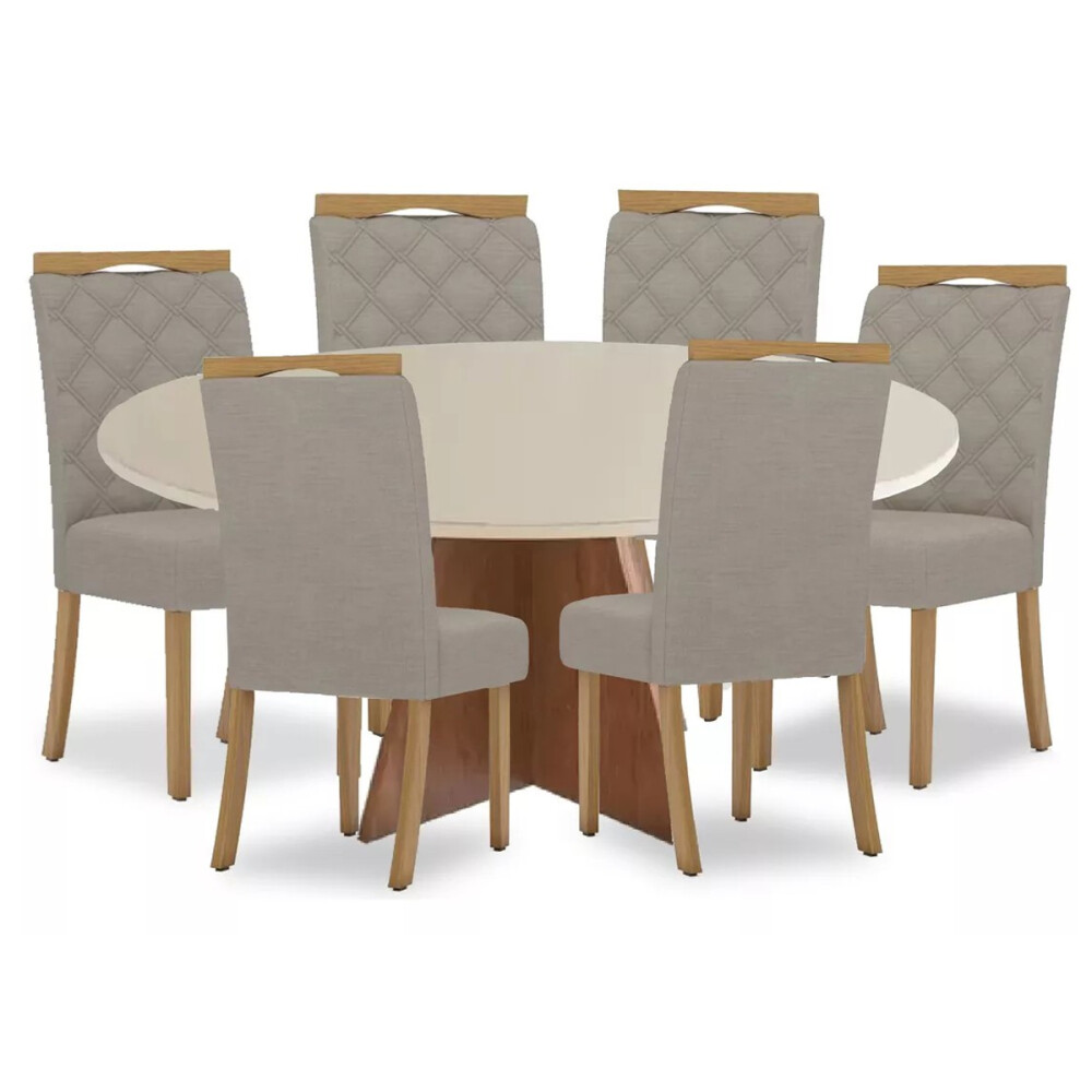Juego de comedor mesa en madera maciza, tapa circular - 6 sillas tapizadas Juego de comedor mesa en madera maciza, tapa circular - 6 sillas tapizadas