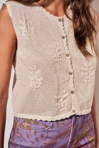 Chaleco Texturado Crochet Flores Beige Melange