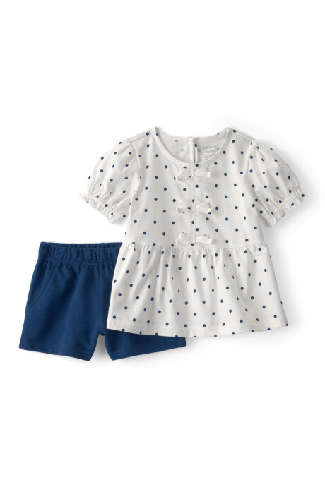 Set dos piezas de algodón, short y blusa, azul y blanco, diseño lunares. Talles 2-5T Sin color