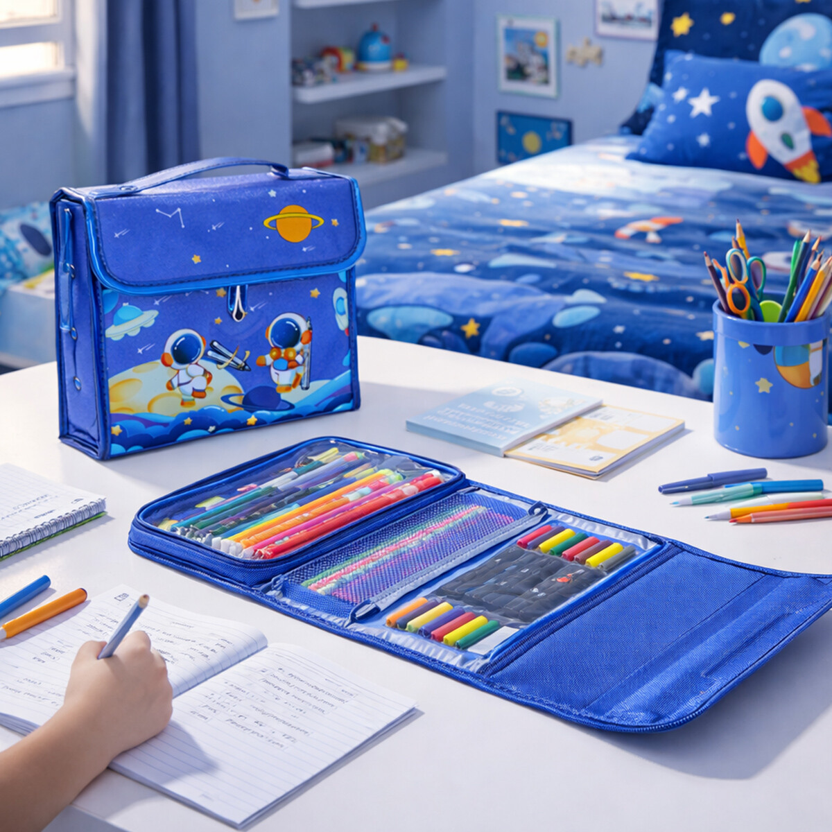 Cartuchera Escolar Triple Brillosa Con Accesorios Colores - Azul 