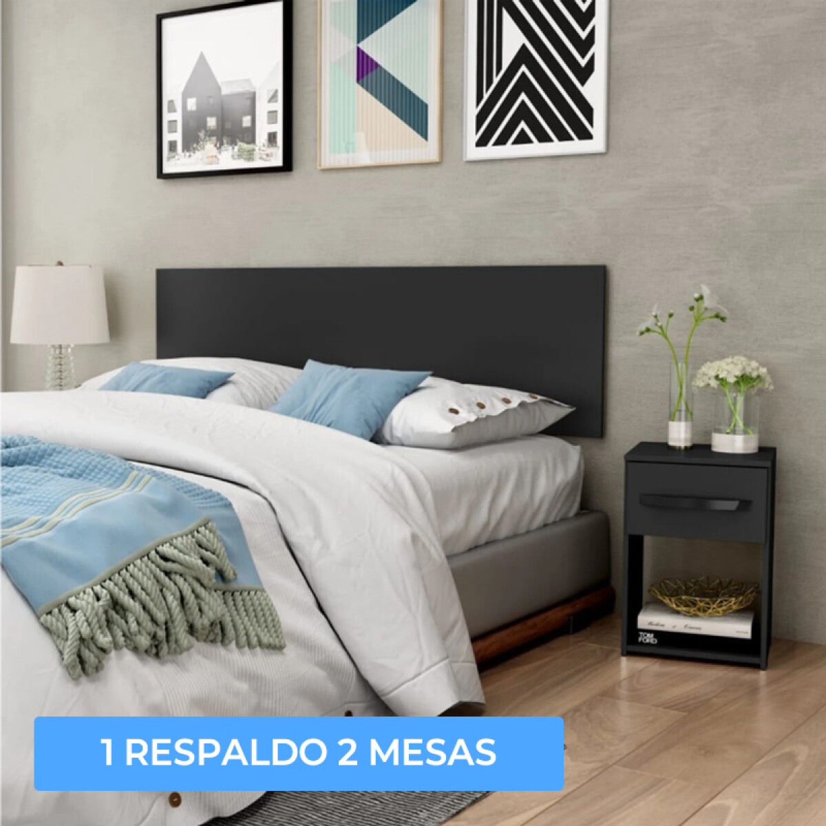 Respaldo de Sommier C/ 2 Mesas de Luz - MDP - NEGRO 