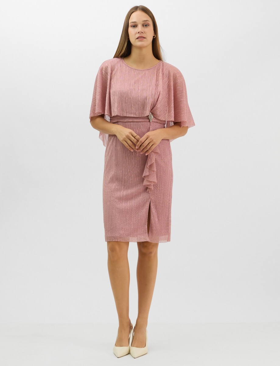 Vestido Con Capa Fluida & Detalle En Cintura - Rosa 