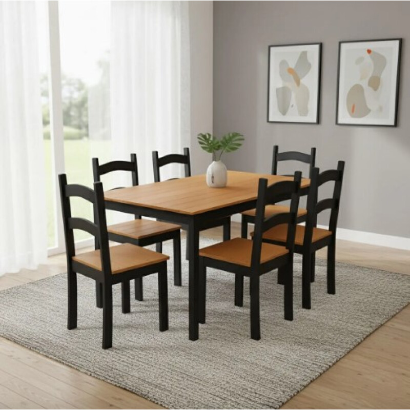 Juego de Comedor Mesa + 6 Sillas Color Madera con NEGRO Juego de Comedor Mesa + 6 Sillas Color Madera con NEGRO