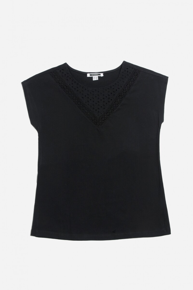 Remera con detalle en broderie - Negro 