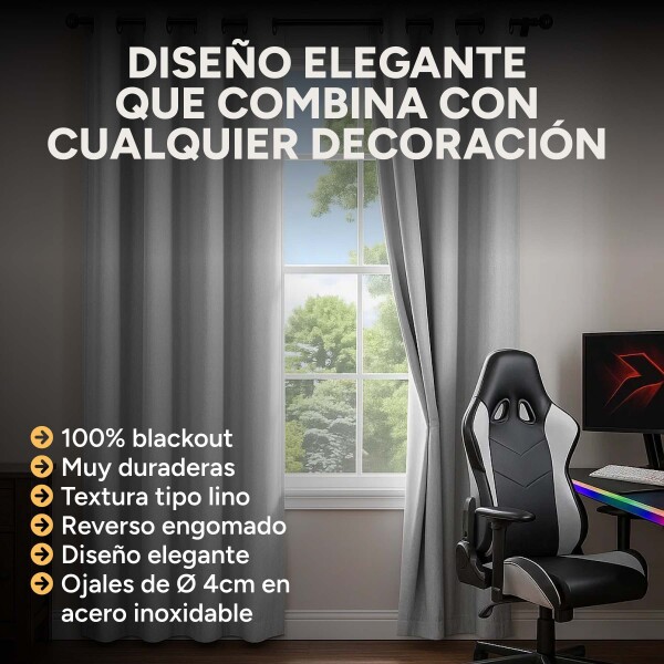 Cortina Blackout 100% Engomada Termica Set 2 Paños Tipo Lino Variante Color Gris Claro