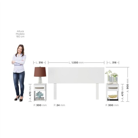 Combo Respaldo, 2 Mesas de Luz y Cómoda - MDP - Blanco Combo Respaldo, 2 Mesas de Luz y Cómoda - MDP - Blanco