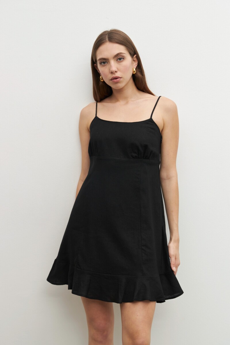 Vestido corto de lino con volado negro
