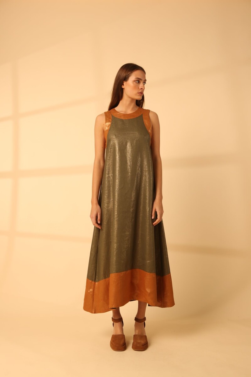 Vestido Acai Long Lurex Verde y Camel