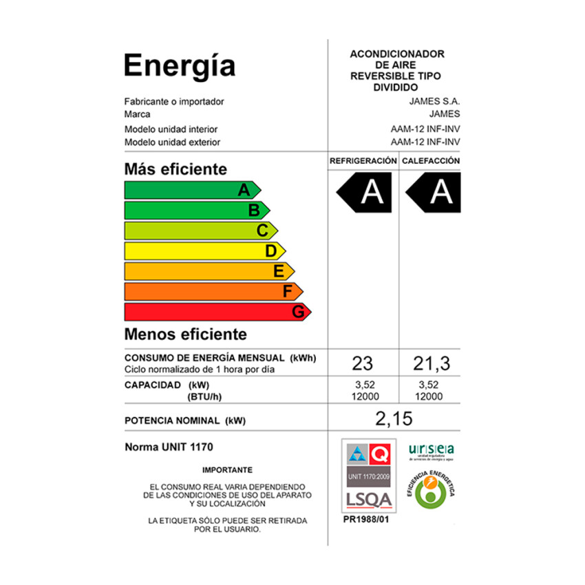 Aire Acondicionado James 12.000 BTU Inverter Aire Acondicionado James 12.000 BTU Inverter