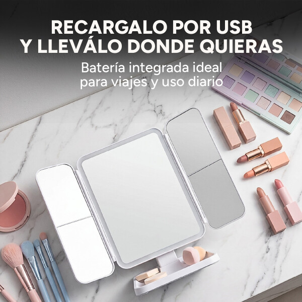 Espejo De Maquillaje Luz Led Triple Panel Aumento 2x 3x USB Blanco