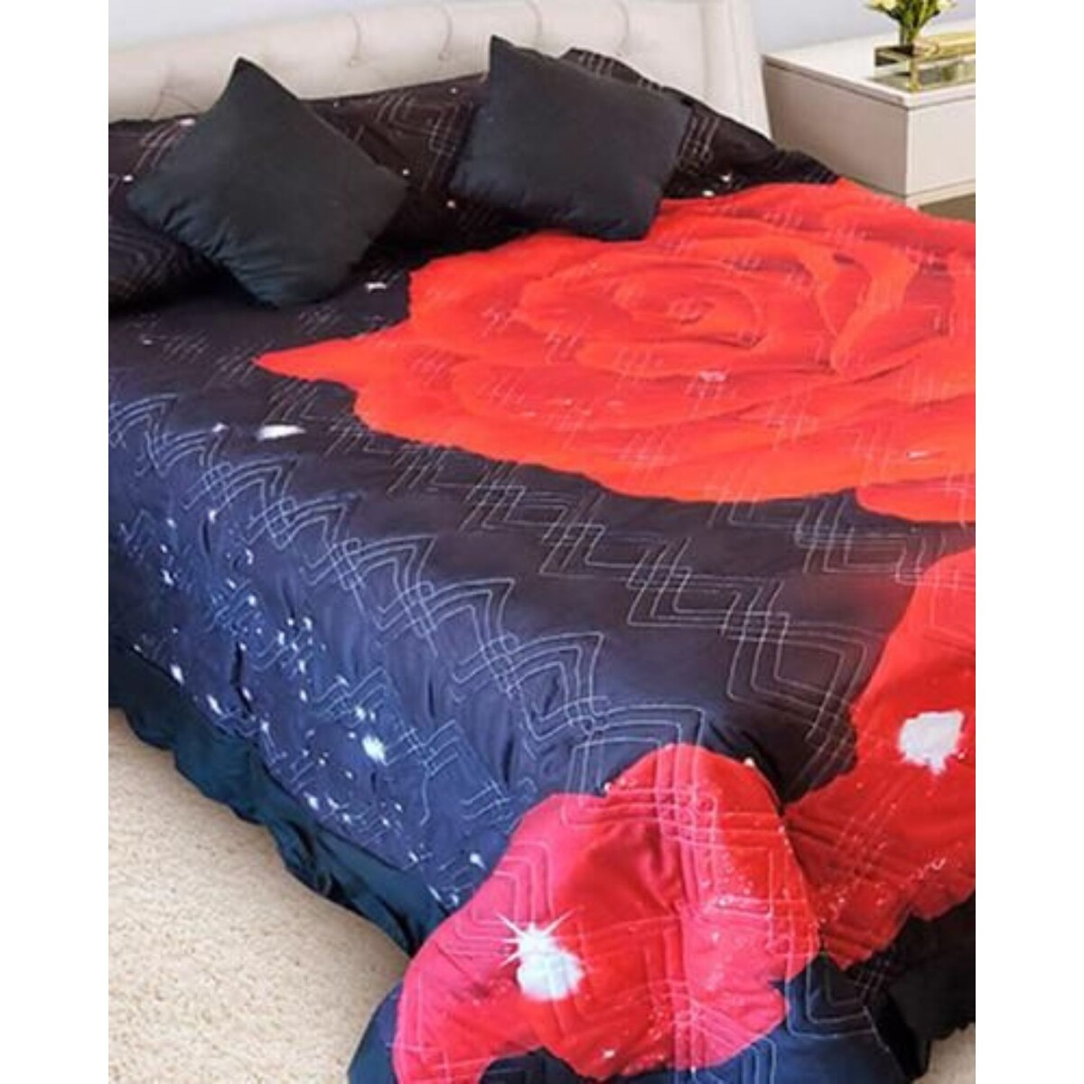 Colcha Cotton Flor Virtual con volado 2 plazas sommier 2.25 x 2.45mts con almohadones 