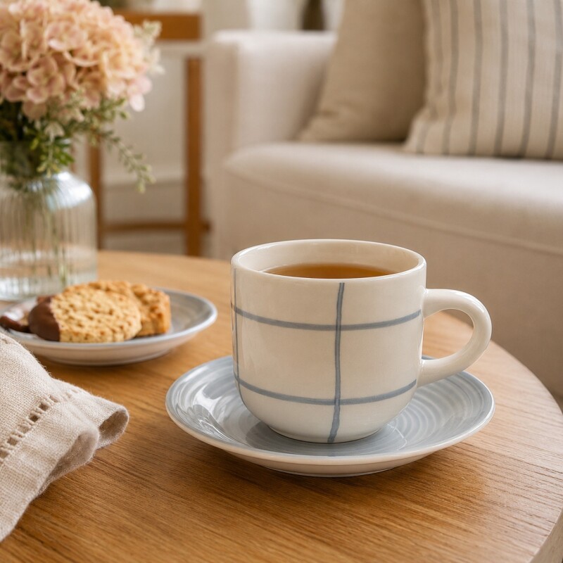 Taza de Té con Plato en Cerámica Cuadrille Beige de 350ml Taza de Té con Plato en Cerámica Cuadrille Beige de 350ml