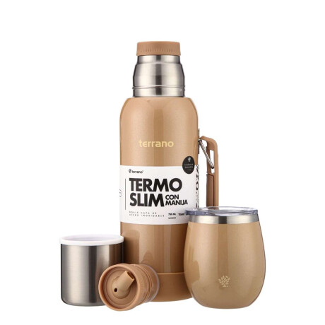 Kit Termo 750Ml. Slim Con Manija + Mate De Acero Con Tapa Oro
