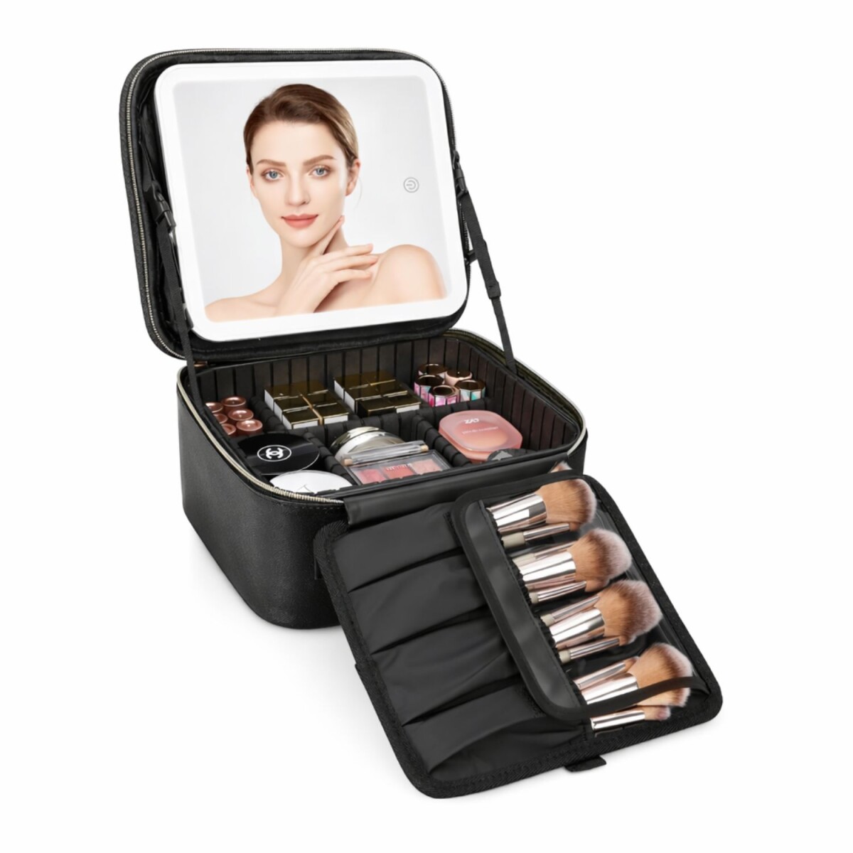 Organizador Maquillaje Maletin Maleta Valija Espejo Led Luz Ajustable Divisiones Neceser Cosméticos Color Negro 