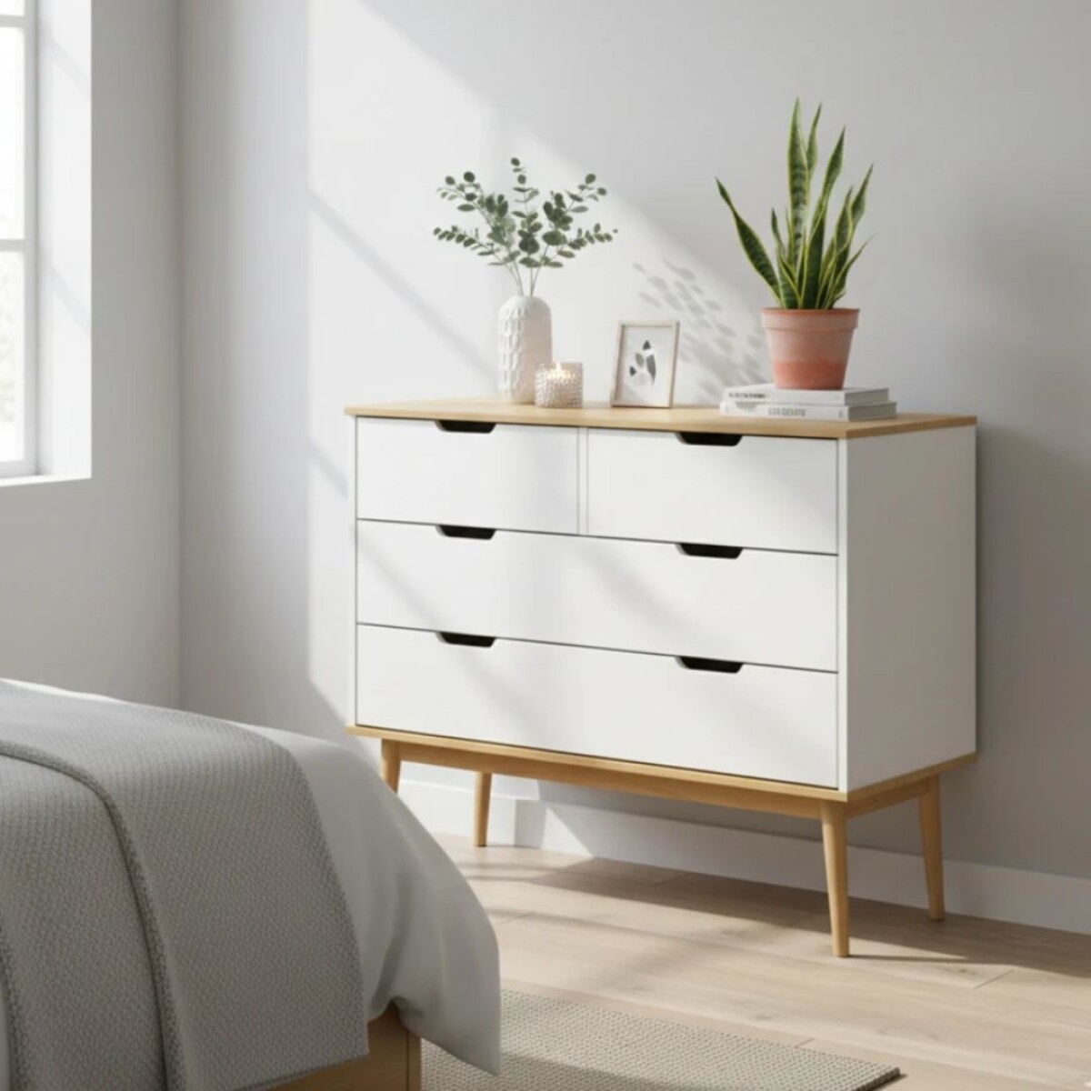 Comoda 4 Cajones Linea Nordica Blanca Robles 