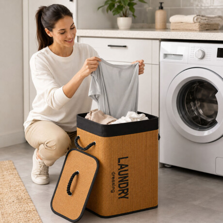 Canasto Cesto Ropa Bambú Plegable Con Tapa Negro