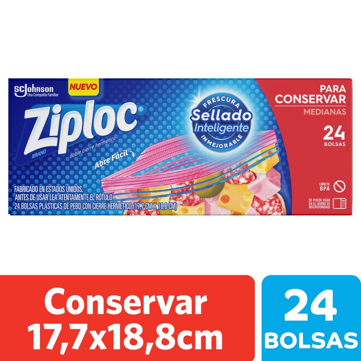 ZIPLOC BOLSAS PLÁSTICAS MEDIANA 18X19CM, 24 UNIDADES 