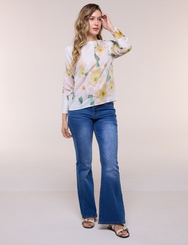 Blusa De Caída Fluida Con Escote Redondo CRUDO/MULTI
