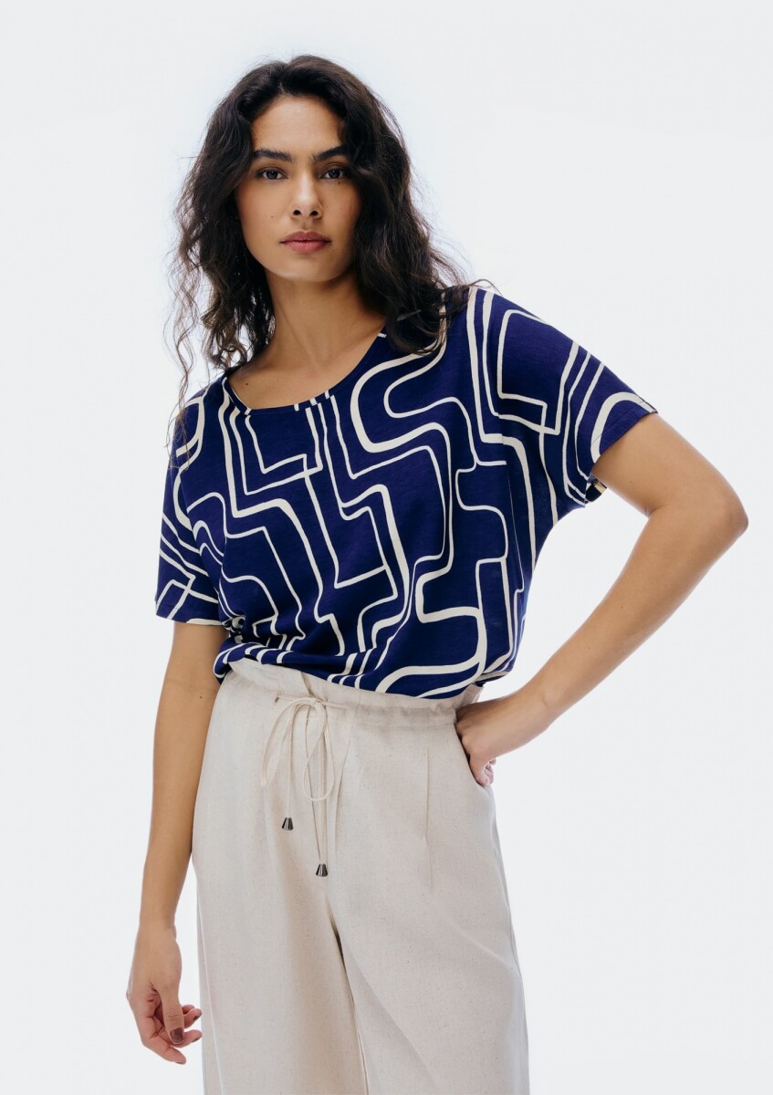 BLUSA MANGA CORTA ESTAMPADA - AZUL 