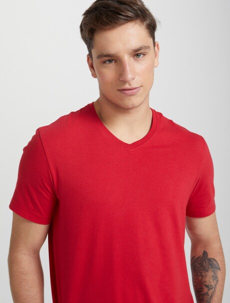 CAMISETA BÁSICA MANGA CORTA CUELLO EN V ROJO