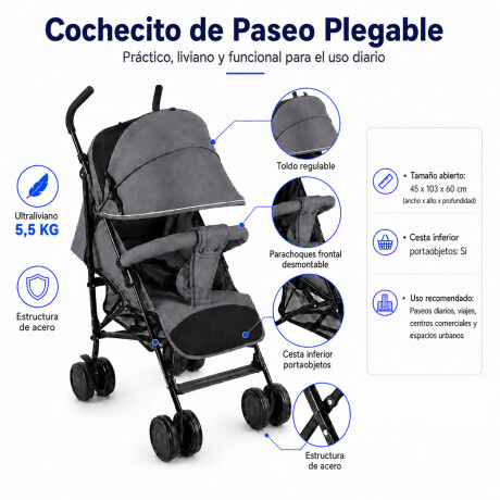 Coche Paraguitas Bebe Reclinable Plegable Compacto 8 Ruedas Gris