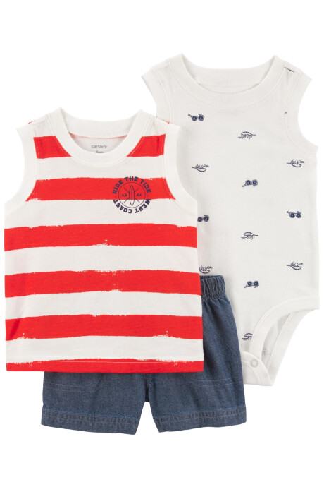 Set tres piezas, short chambray, musculosa y body, diseño costero Sin color