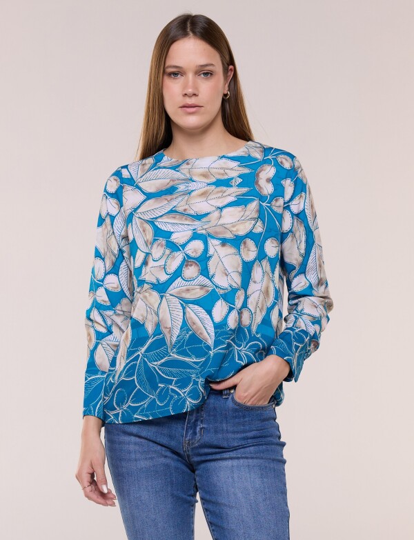 Blusa De Caída Fluida Con Escote Redondo TURQUESA/MULTI