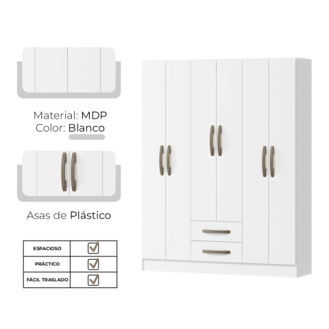 Ropero Armario 6 puertas 2 cajones con estantes y perchero interior natural 172X136X35 - Blanco Ropero Armario 6 puertas 2 cajones con estantes y perchero interior natural 172X136X35 - Blanco