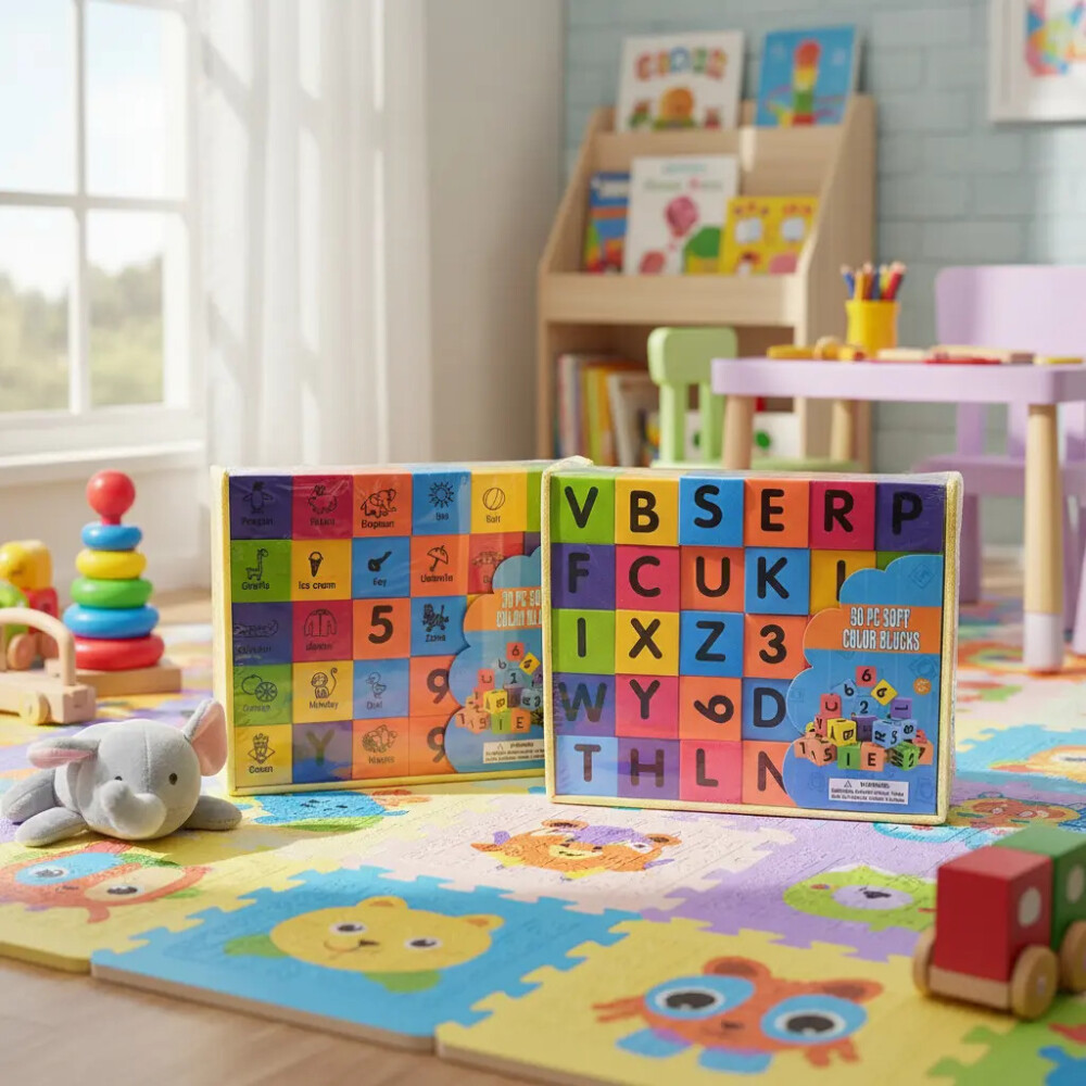 Set de bloques de goma eva con letras, números y animalitos Set de bloques de goma eva con letras, números y animalitos