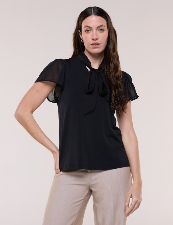 Blusa Tie Neck Con Mangas Mariposa De Gasa NEGRO