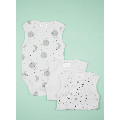 Body sin manga de algodón para bebe pack de 3 piezas estampadas y lisas. Gris