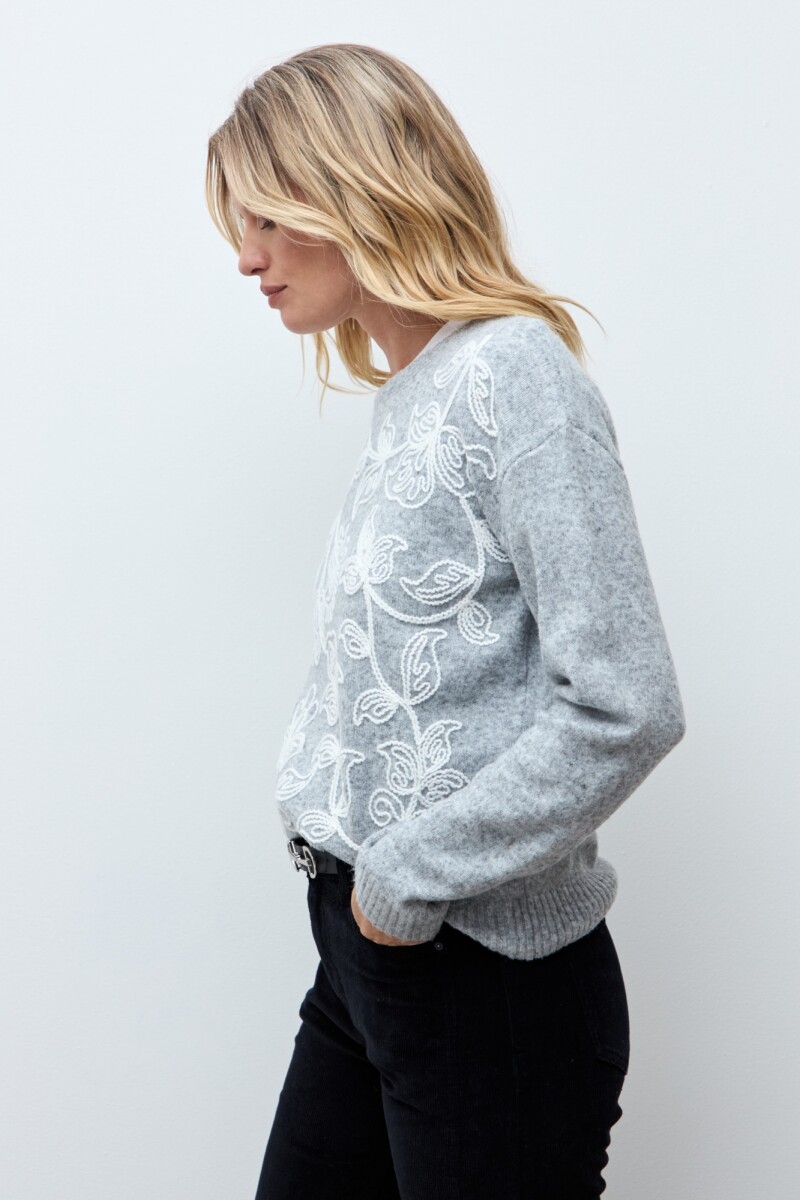 Sweater bordado floral gris melange