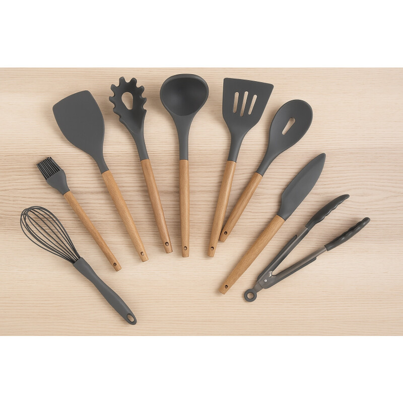 Kit Set Utensilios Para Cocina Madera Y Goma Gris