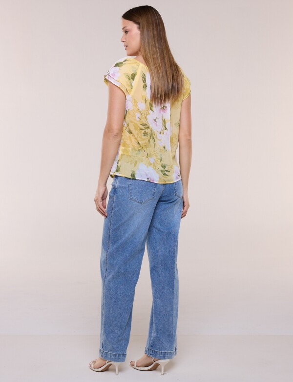 Blusa Floral Con Escote Elastizado Y Lazo MULTI/AMARILLO