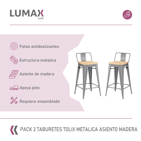 Pack 2 Taburetes Tolix con Respaldo y Asiento de Madera Lumax Gris