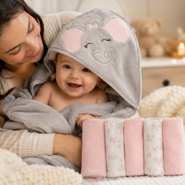 Set Toalla Con Capucha Bebé Ballena + 6 Toallitas Algodón Color Rosa