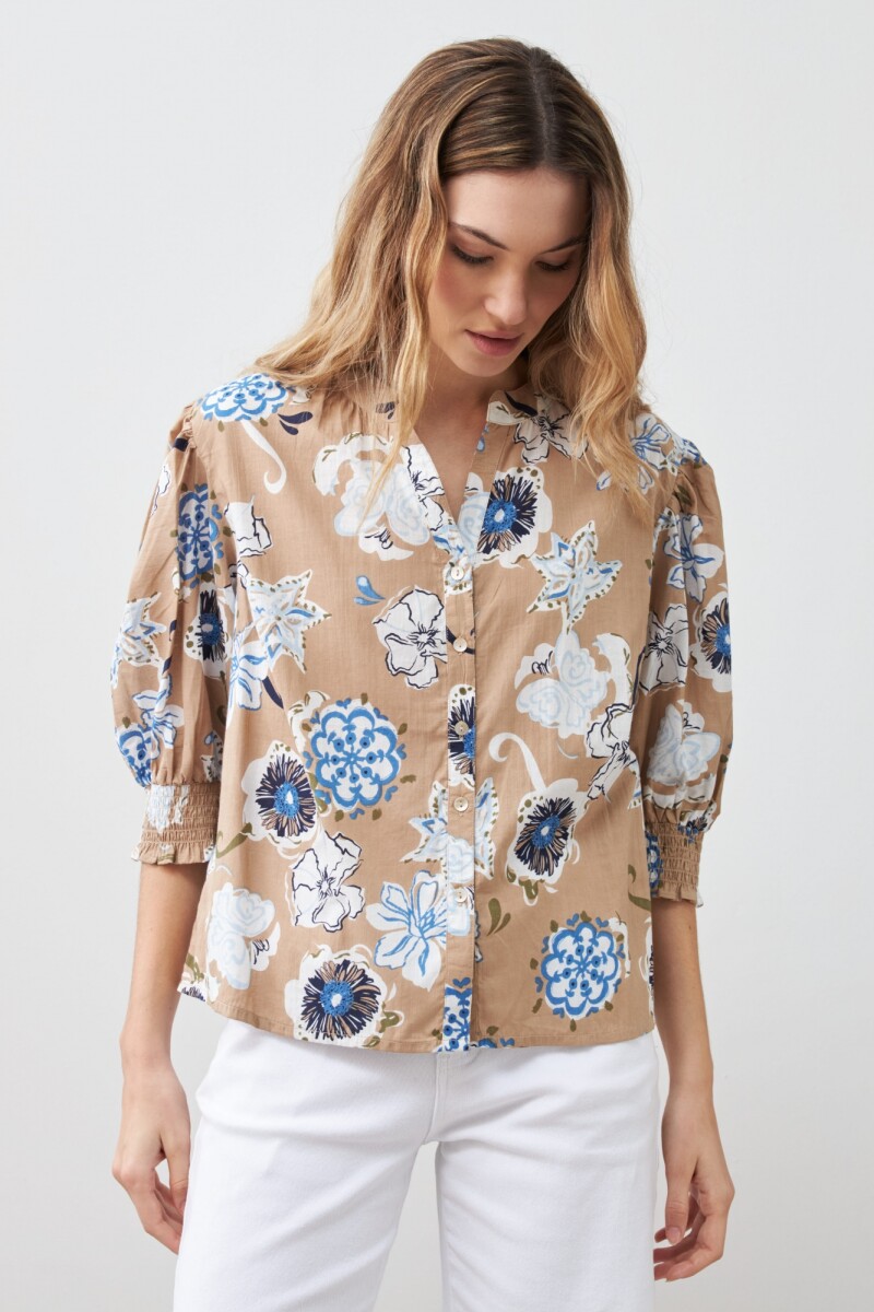 Camisa manga abullonada estampa floreada tostado