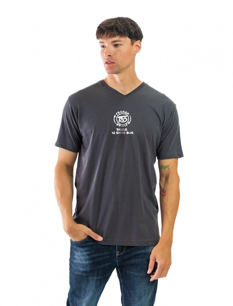 Remera Algodón Estampada Cuello V Grafito y Colores