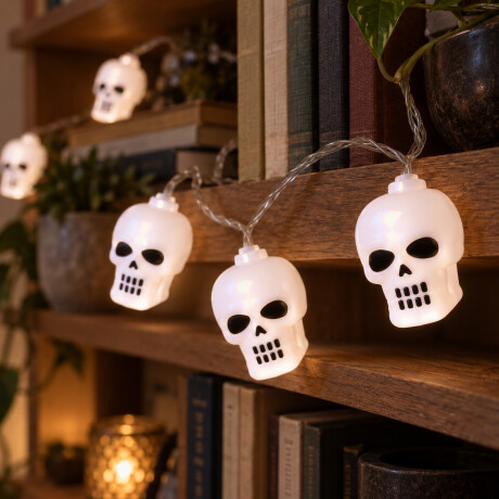 Guirnalda luces LED con mini calaveras Halloween Blanco