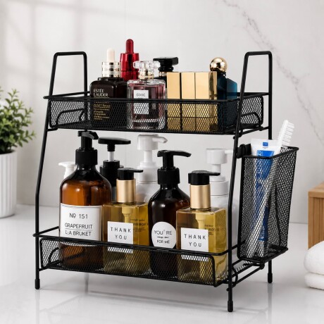 Estante Organizador Multiuso de 2 Niveles con Canasto Lateral - NEGRO Estante Organizador Multiuso de 2 Niveles con Canasto Lateral - NEGRO
