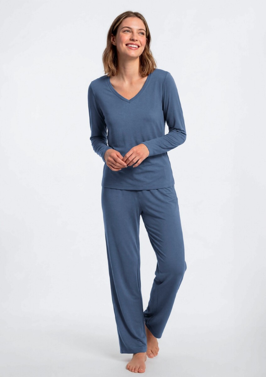 PIJAMA DE ALGODÓN CON PANTALÓN LARGO - AZUL 