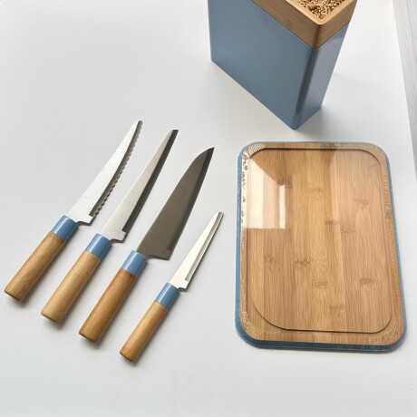 Set 4 Cuchillos con Soporte + Tabla Bambú - Azul Set 4 Cuchillos con Soporte + Tabla Bambú - Azul