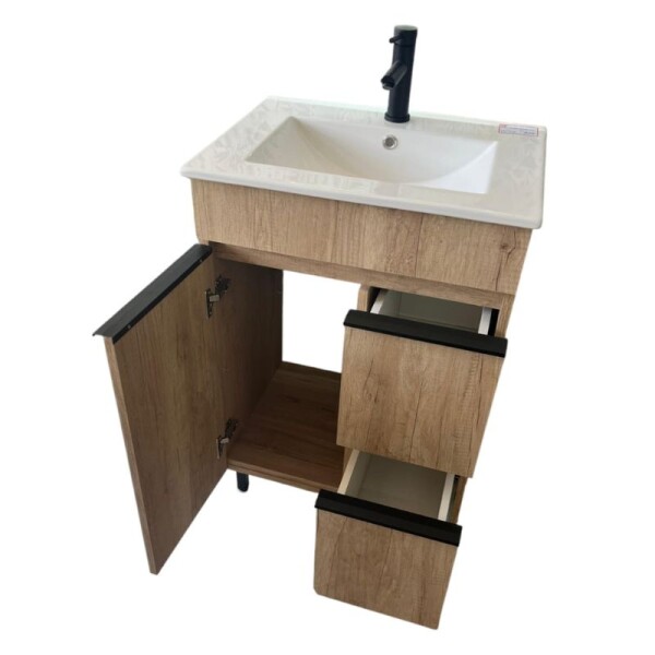MUEBLE DE BAÑO 60 CM 1 PUERTA + 2 CAJONES - MESADA DE LOZA NEVADA - ROBLE/BLACK MUEBLE DE BAÑO 60 CM 1 PUERTA + 2 CAJONES - MESADA DE LOZA NEVADA - ROBLE/BLACK
