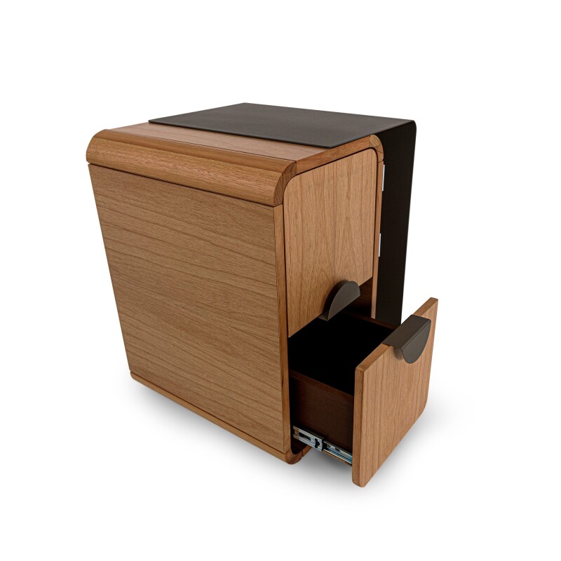 Mesa de luz madera y metal con 2 cajones diseño curvo Mesa de luz madera y metal con 2 cajones diseño curvo