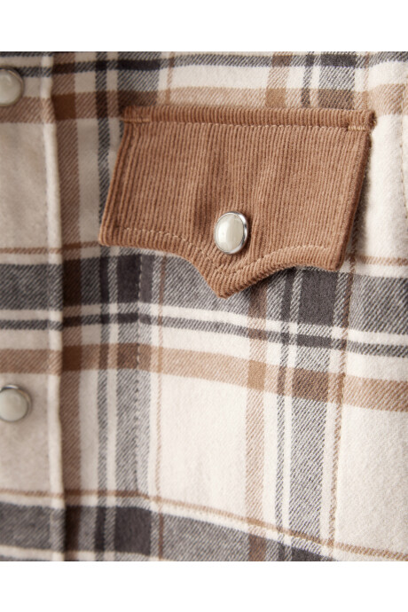 Camisa de franela con bolsillos de pana, diseño a cuadros Sin color